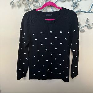 Mise Au Green black wool sweater with embroidered white bear on front & sleeves